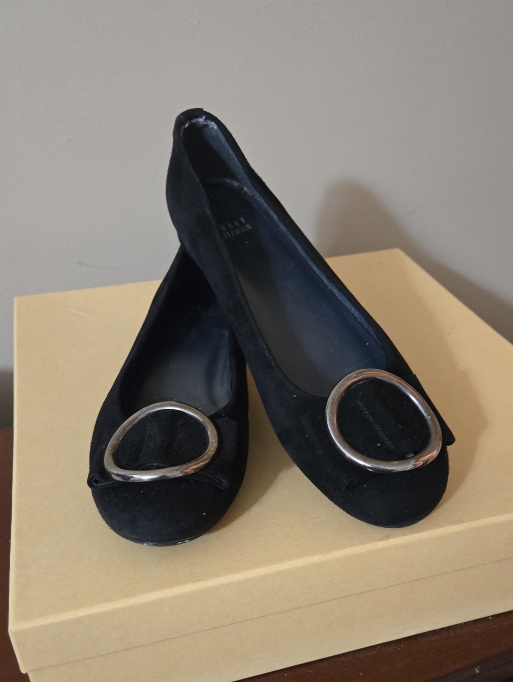 Stuart Weitzman Black Suede Bucksome Wedges with Silver Oval Accents Size 9N